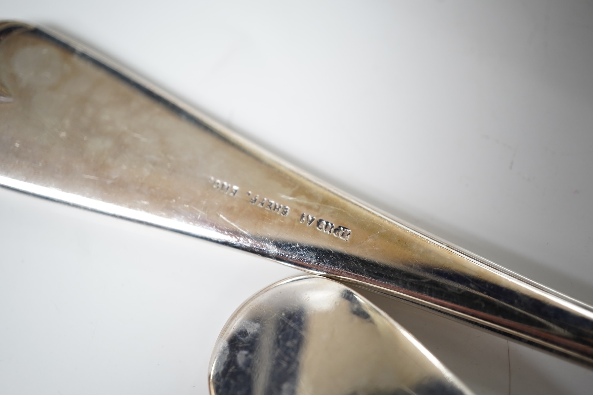 A George VI canteen of silver Hanoverian pattern flatware for six by Goldsmiths & Silversmiths Co Ltd, comprising dessert and table forks and soup and dessert spoons, Sheffield, 1944, 39.6oz, together with eight similar